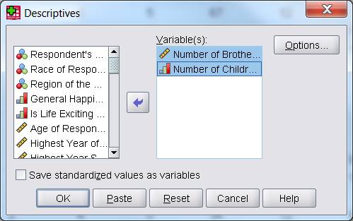 Descriptives dialog