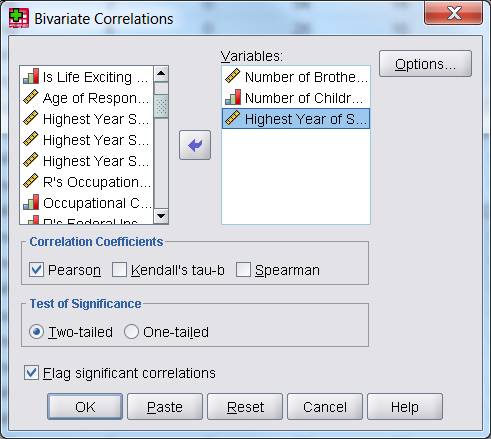 Correlation dialog