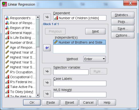 Regression dialog