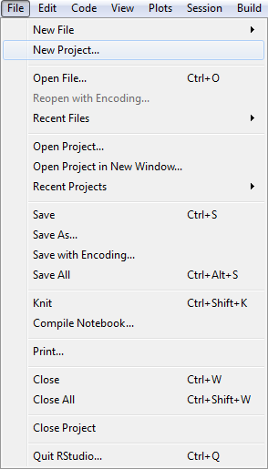 The file menu of Rstudio