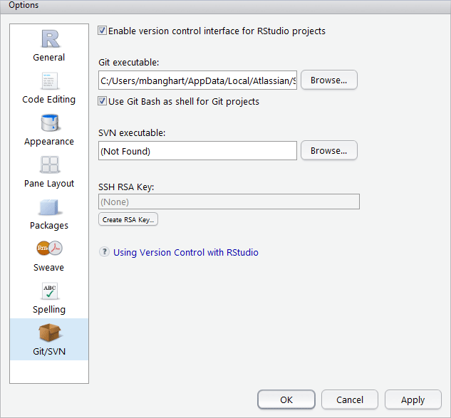 OPtions window for RStudio