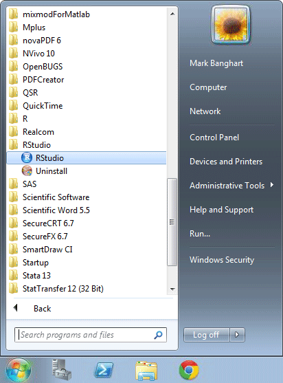 RStudio in Window start menu