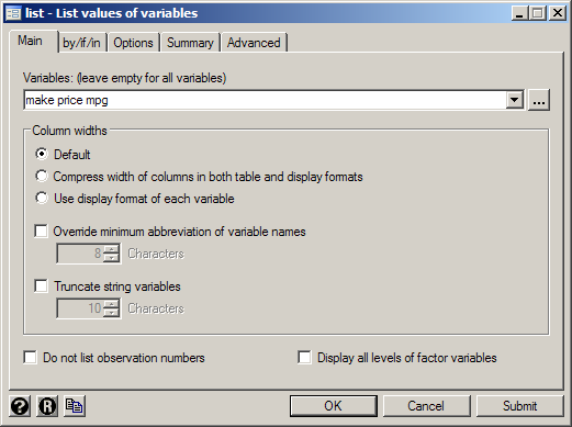 Specifying the variables to list