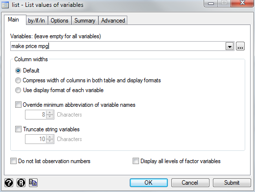 Specifying the variables to list